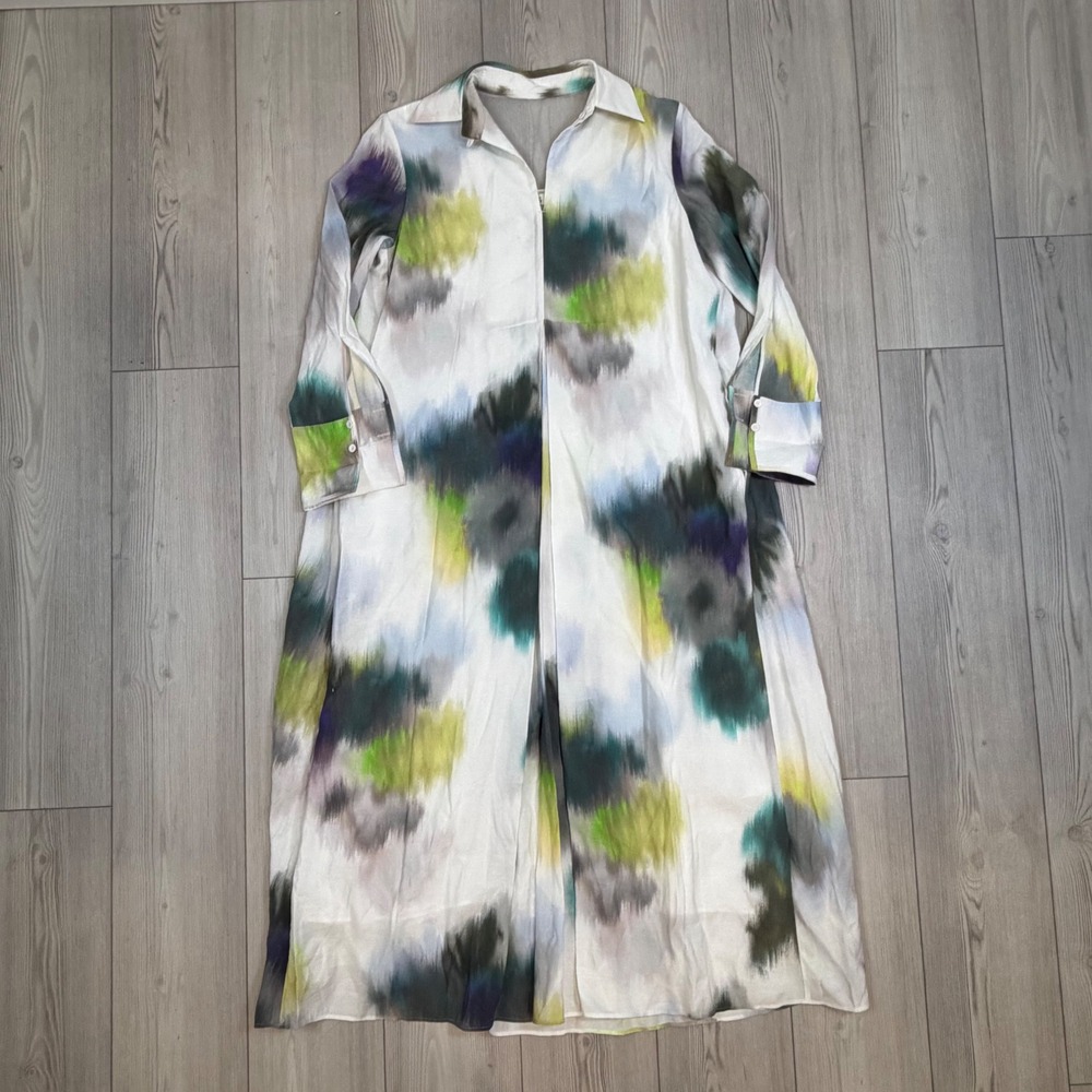 COS Abstract Watercolor Print Tunic Shirt Maxi Dress White Green EUR 38 US 8